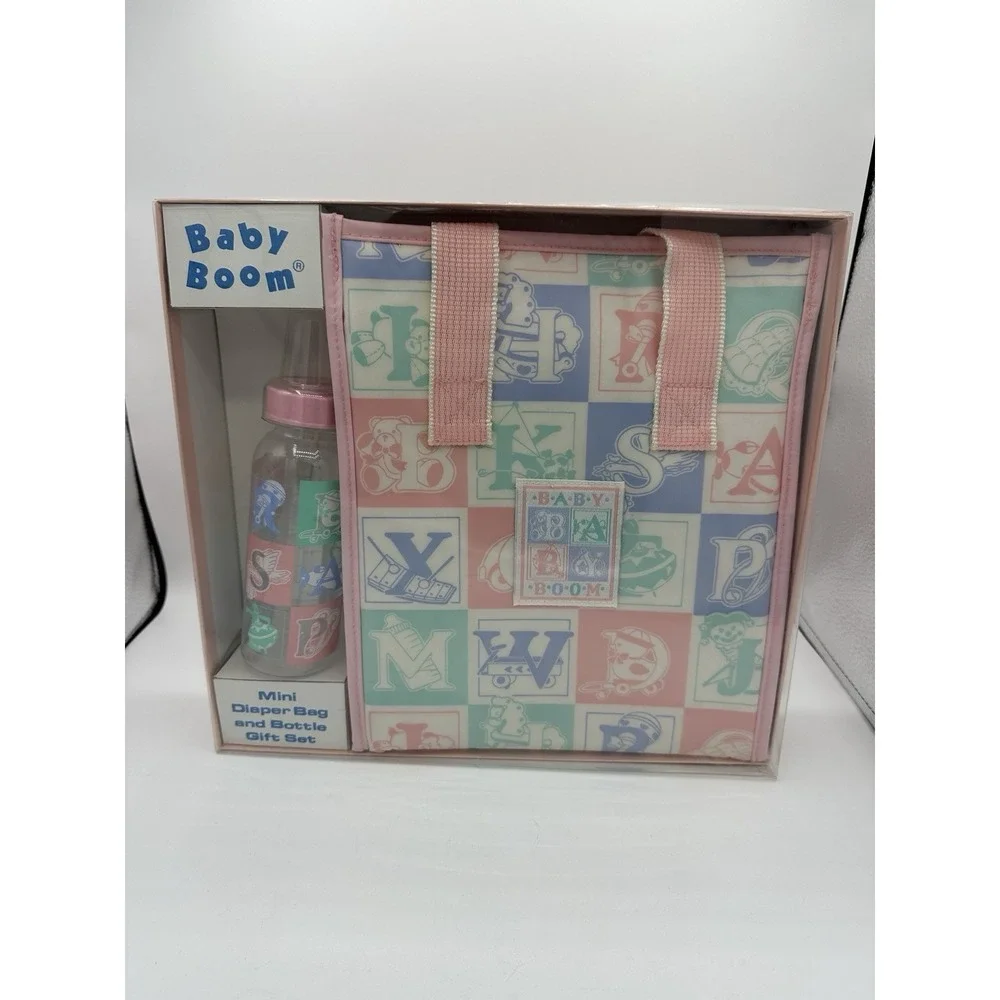 Vintage Baby Boom Mini Diaper Bag And Bottle Gift Set Clean Pastel Colors NEW